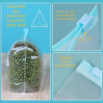 Zárható fagyasztótároló tasak, élelmiszer-minőségű műanyagból, újrahasználható, mikróhullámú sütőben használható, antibakteriális, -60°C-tól 100°C-ig terhelhető