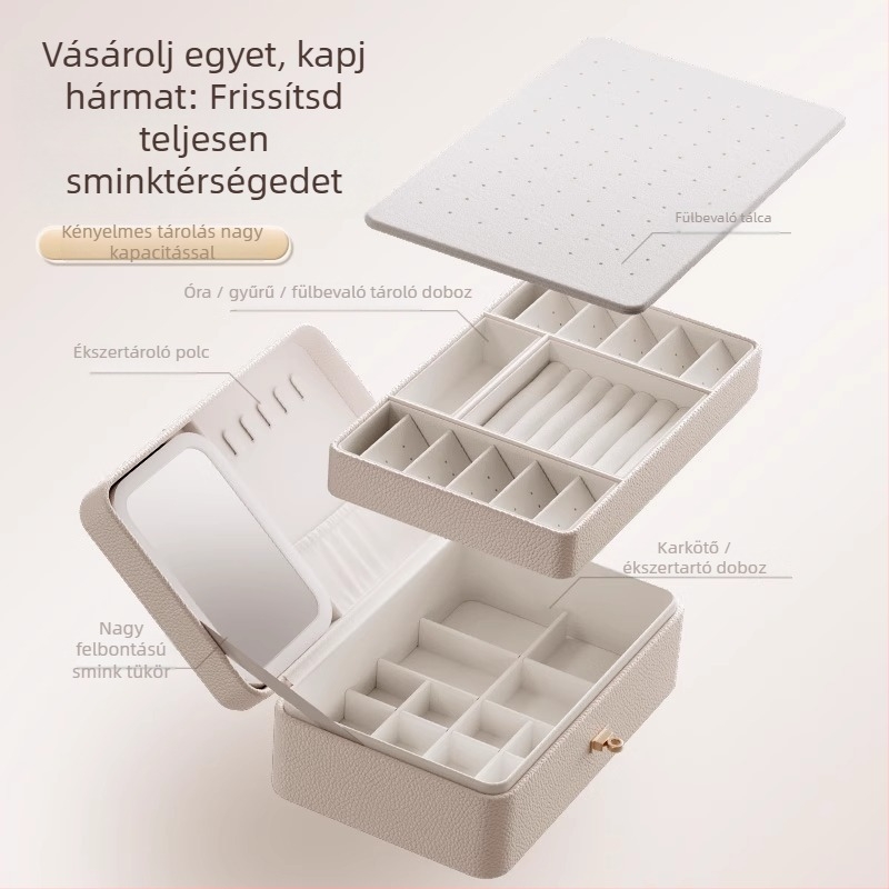 Többszintes ékszerdoboz nagy kapacitással, Lychee peel anyag, velúr belsővel, súly 0,93 kg, szabadidős stílus