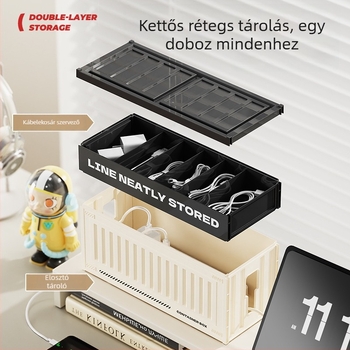 Asztali kábelrendező doboz rekeszekkel - egymásra tehető, fedéllel, 2 L kapacitás