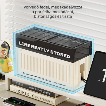 Asztali kábelrendező doboz rekeszekkel - egymásra tehető, fedéllel, 2 L kapacitás