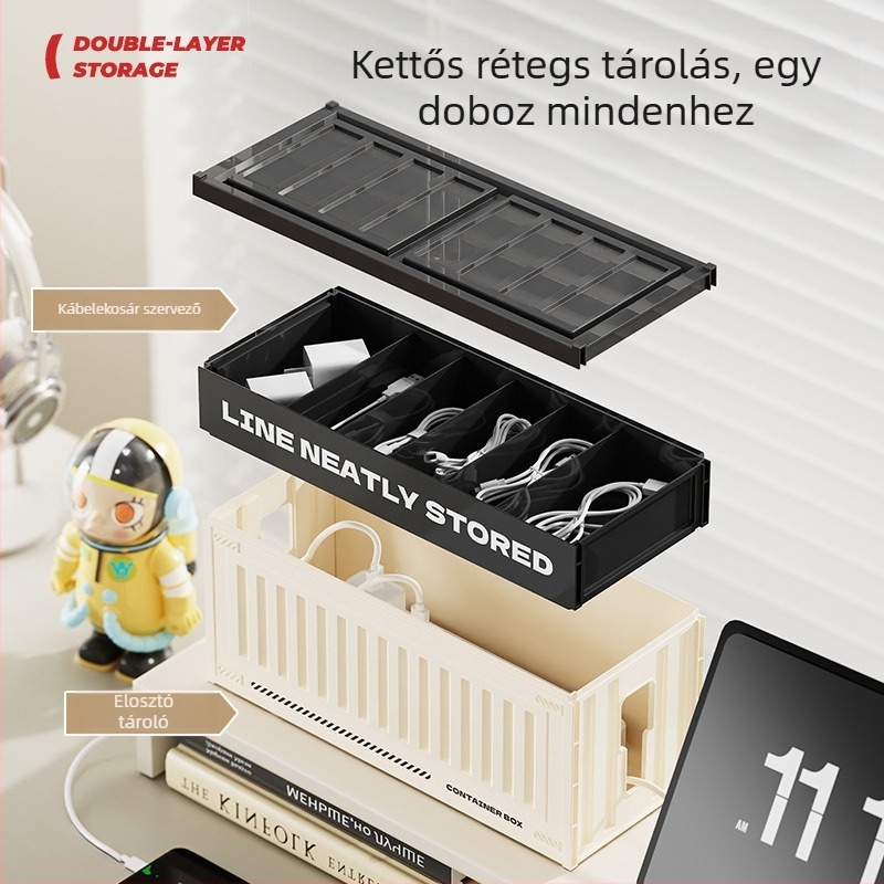 Asztali kábelrendező doboz rekeszekkel - egymásra tehető, fedéllel, 2 L kapacitás