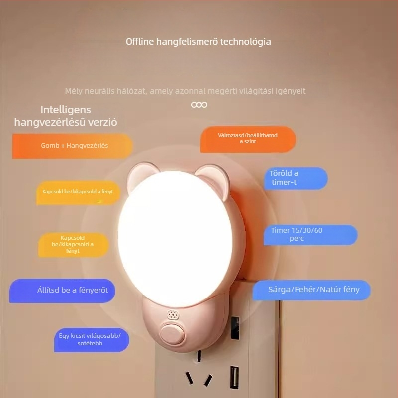Éjszakai lámpa intelligens hangvezérléssel hálószobához (ABS lámpabura, 220V, konnektoros áramellátás, intelligens vezérlés)