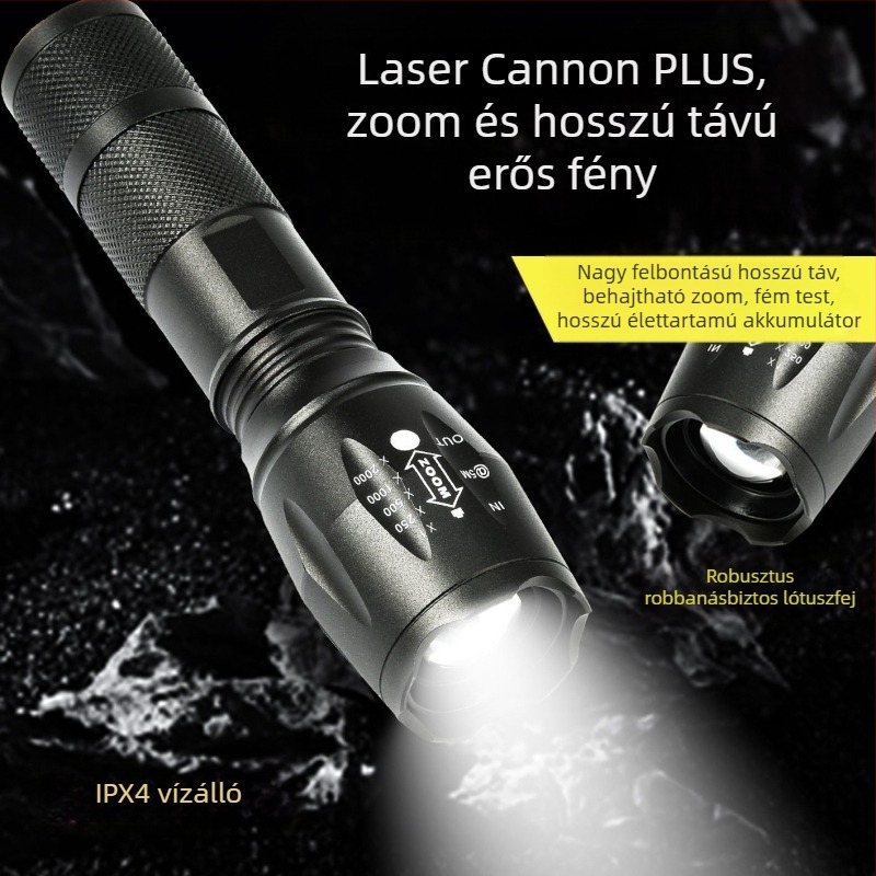 Újratölthető LED zseblámpa kültéri használatra, 5W, 2500mAh, alumínium ötvözet test, vízálló, zoomoló fény 200–500m