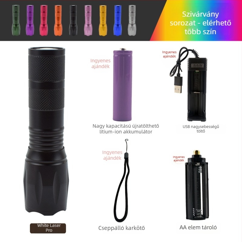 Újratölthető LED zseblámpa kültéri használatra, 5W, 2500mAh, alumínium ötvözet test, vízálló, zoomoló fény 200–500m