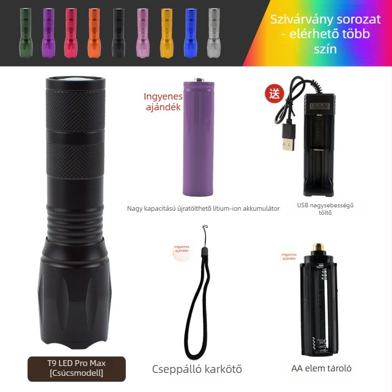 Újratölthető LED zseblámpa kültéri használatra, 5W, 2500mAh, alumínium ötvözet test, vízálló, zoomoló fény 200–500m