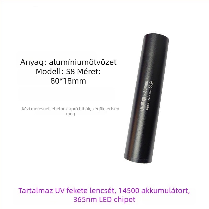 Újratölthető UV Wood's lámpa 365 nm LED-fénnyel fluoreszcencia észlelésére, alumínium ötvözet ház, 800 mAh akkumulátor, töltő tartozék