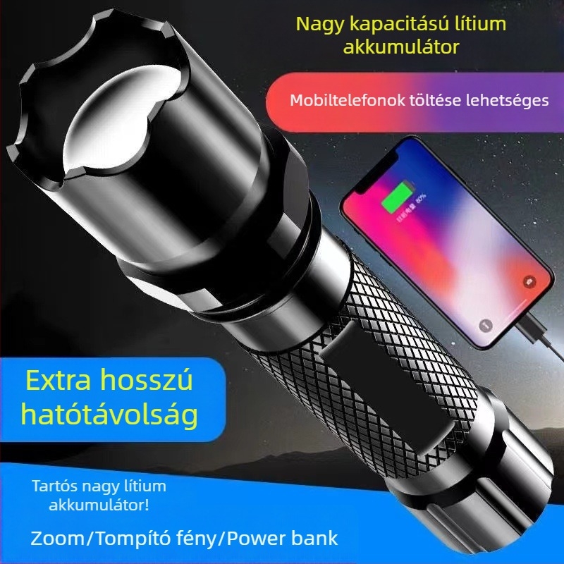 Újratölthető zseblámpa napelemes és kézi generátorral, 20W, 800 mAh, hatótáv 200-500 m
