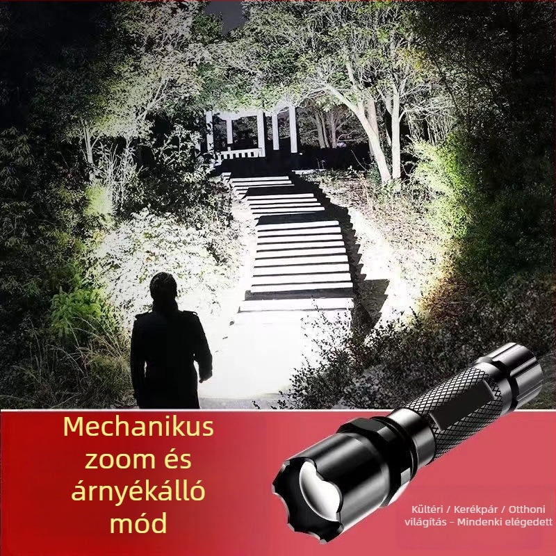 Újratölthető zseblámpa napelemes és kézi generátorral, 20W, 800 mAh, hatótáv 200-500 m