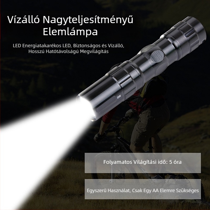 Kompakt LED elemlámpa, tartós és hordozható, 3W, 1.5V, 10 m hatótáv