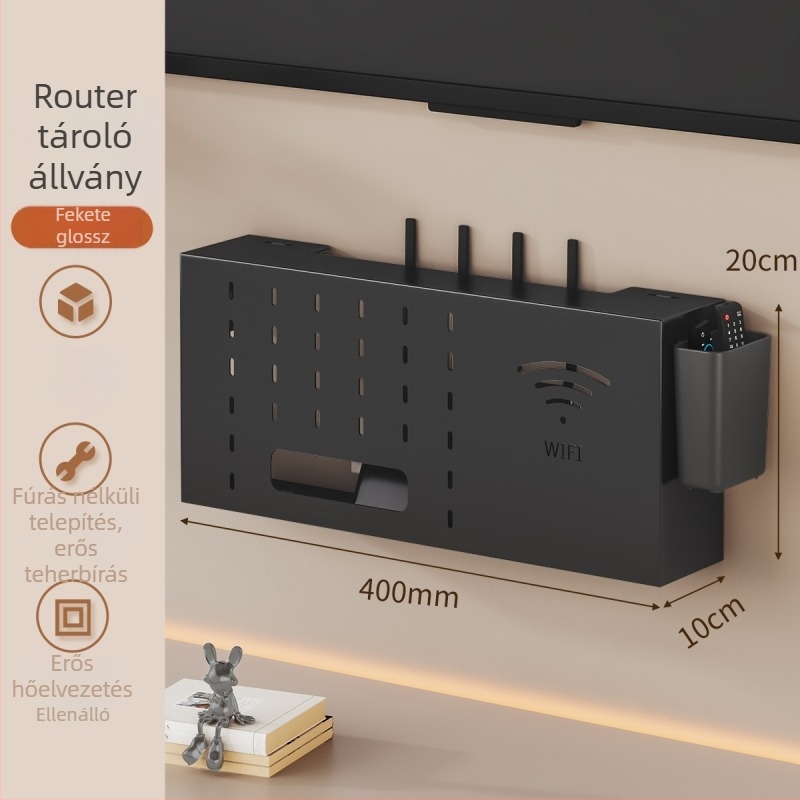 Solno Falra szerelhető tároló állvány Set‑top box és router számára (szénacél, kampós szerelés, 1 szint, többfunkciós)