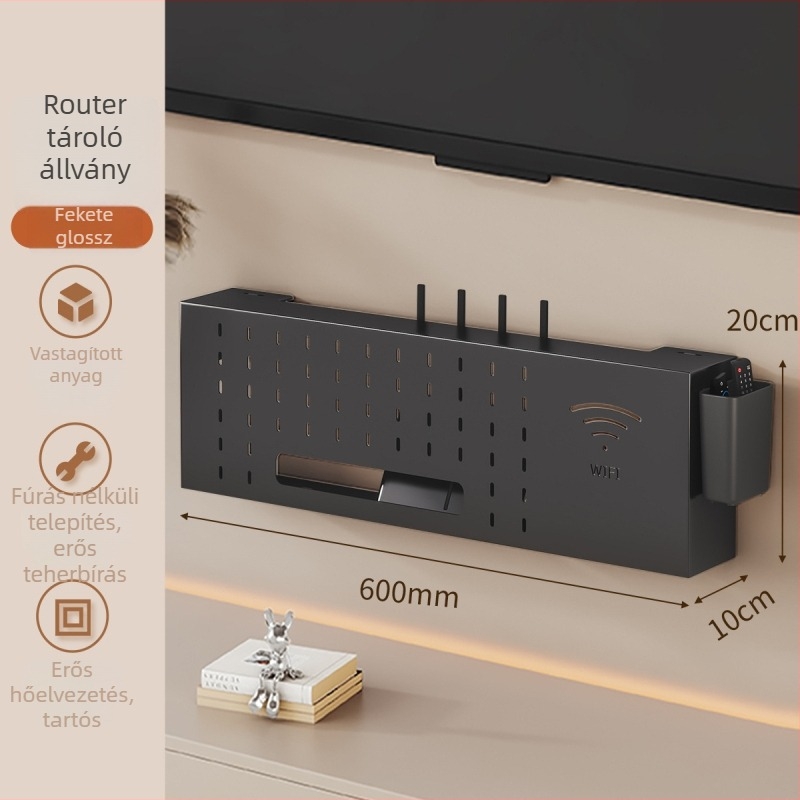 Solno Falra szerelhető tároló állvány Set‑top box és router számára (szénacél, kampós szerelés, 1 szint, többfunkciós)