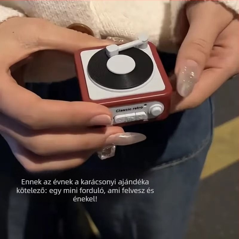 Mini retro gramofon zenélő doboz – műanyag kulcstartó, modern minimalist dizájn, ajándék