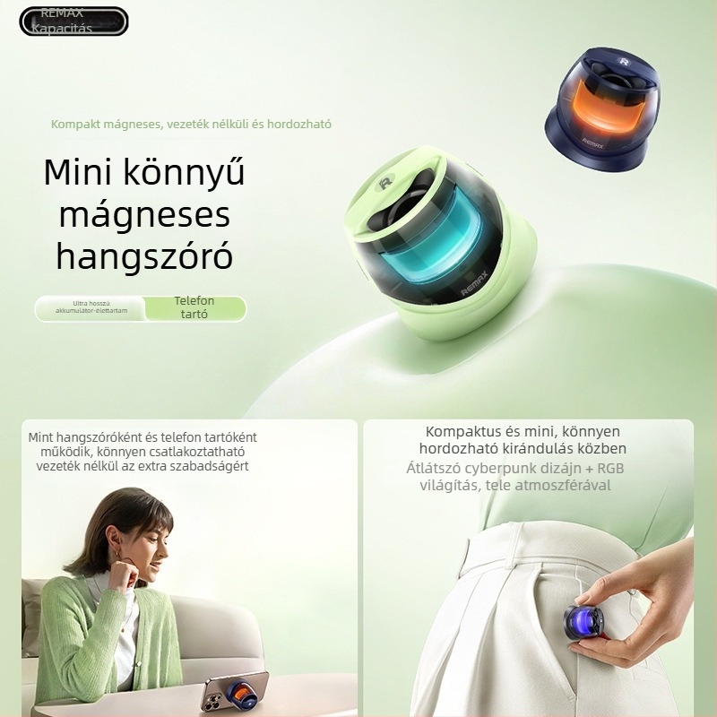 Bluetooth asztali hangszóró mágneses tartóval, 20 Hz–20 kHz, SNR ≥70 dB, beépített akkumulátor 300–500 mAh, 10 m hatótáv
