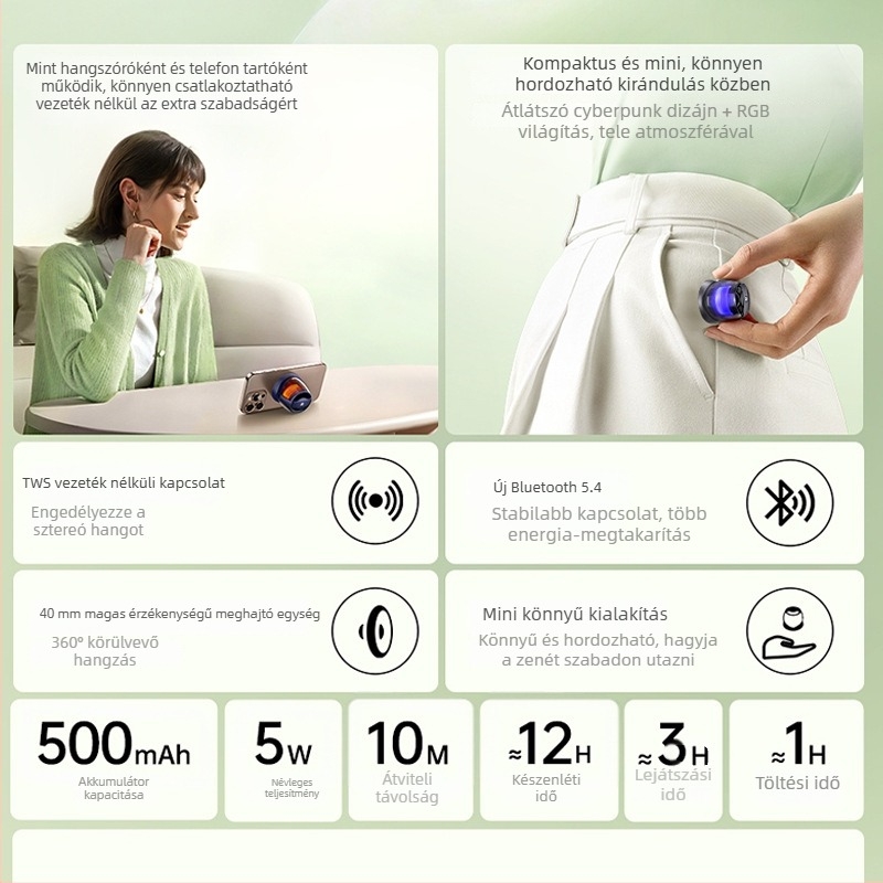 Bluetooth asztali hangszóró mágneses tartóval, 20 Hz–20 kHz, SNR ≥70 dB, beépített akkumulátor 300–500 mAh, 10 m hatótáv