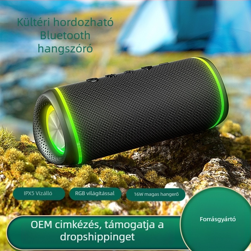 Vezeték nélküli Bluetooth hangszóró RGB világítással, erőteljes basszus és kültéri hordozható textil burkolatú, IPX5 vízálló (Bluetooth 5.3, 2x5W, IPX5, 20Hz-20kHz, 1200-2000 mAh)