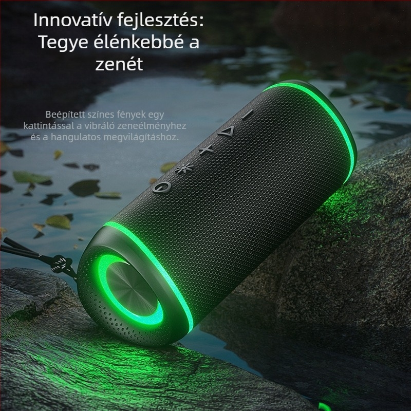 Vezeték nélküli Bluetooth hangszóró RGB világítással, erőteljes basszus és kültéri hordozható textil burkolatú, IPX5 vízálló (Bluetooth 5.3, 2x5W, IPX5, 20Hz-20kHz, 1200-2000 mAh)