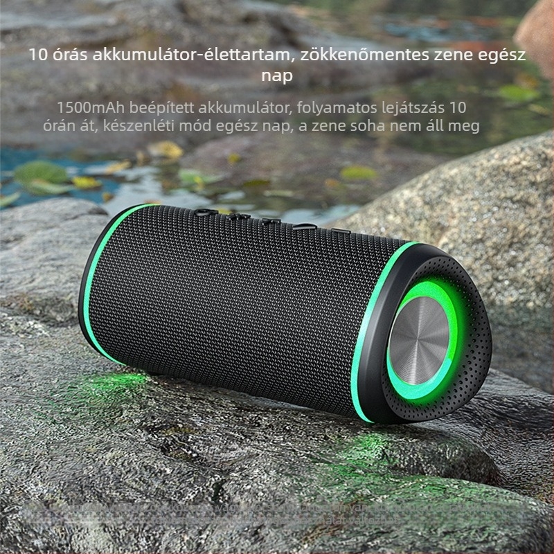 Vezeték nélküli Bluetooth hangszóró RGB világítással, erőteljes basszus és kültéri hordozható textil burkolatú, IPX5 vízálló (Bluetooth 5.3, 2x5W, IPX5, 20Hz-20kHz, 1200-2000 mAh)