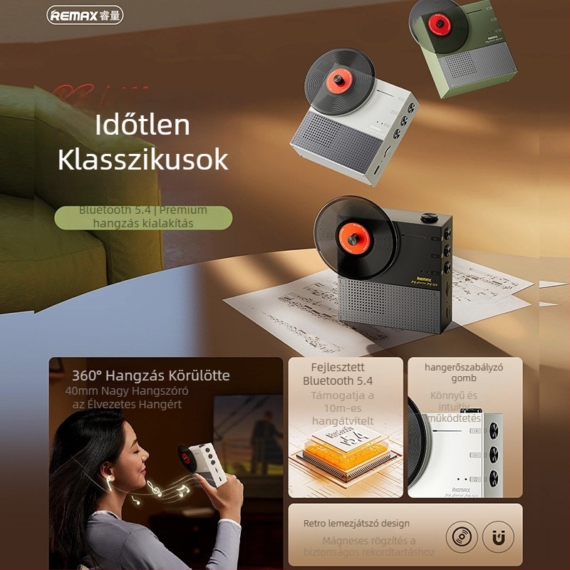 Retro Bluetooth asztali hangszóró beépített 1000–1200mAh akkumulátorral, 5W kimenet, 30Hz–15kHz frekvencia-tartomány, 10 m hatótávolság