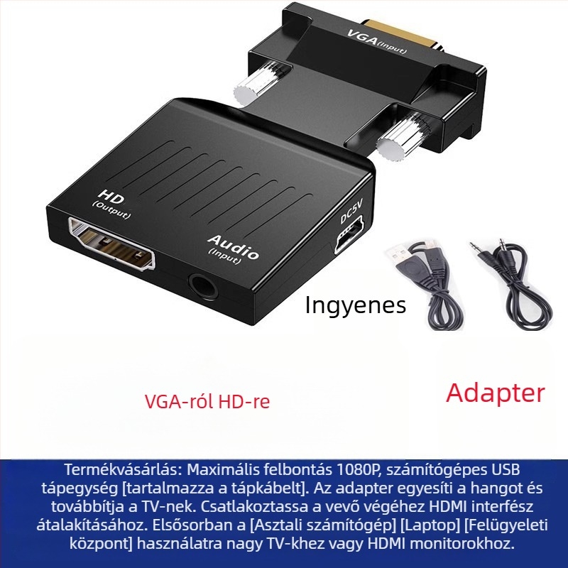 Aranyozott HDMI/VGA/HDMI konverter — adapter, HDMI‑B csatlakozó, Converter modell, energia‑kezelés támogatott, távoli ébresztés nem támogatott