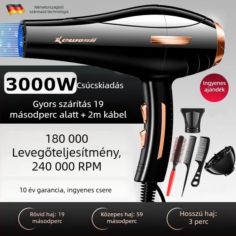 DC motoros hajszárító, 2500W, 3 sebesség, hideg/meleg levegő, egyetlen fúvócső