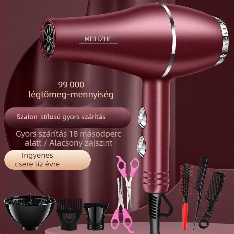 Magas teljesítményű hajszárító, kefés motor, hideg/meleg levegő szabályozás, 3 fokozatú légáram, egypontos fúvócső, állandó hőmérséklet-ellenőrzés