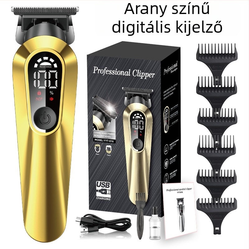 Otthoni használatra tervezett akkumulátoros hajvágó digitális kijelzővel, beépített 1000–1200 mAh-s akkumulátor, kerámia pengék, levehető és mosható pengefej, vízálló kialakítás
