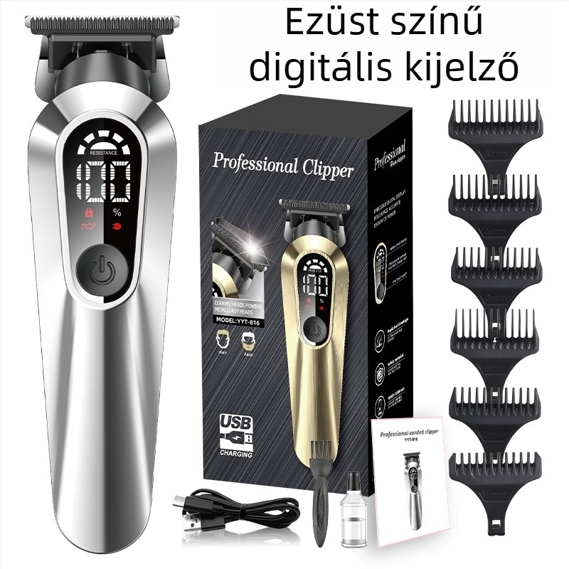 Otthoni használatra tervezett akkumulátoros hajvágó digitális kijelzővel, beépített 1000–1200 mAh-s akkumulátor, kerámia pengék, levehető és mosható pengefej, vízálló kialakítás