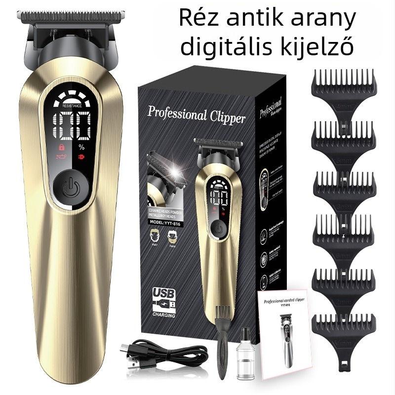 Otthoni használatra tervezett akkumulátoros hajvágó digitális kijelzővel, beépített 1000–1200 mAh-s akkumulátor, kerámia pengék, levehető és mosható pengefej, vízálló kialakítás