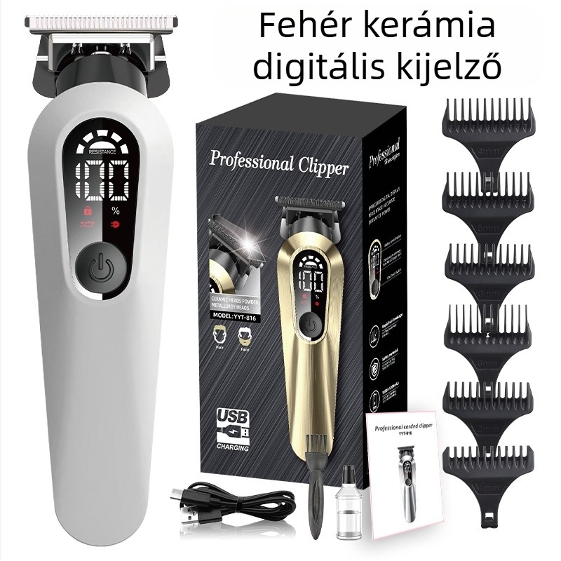 Otthoni használatra tervezett akkumulátoros hajvágó digitális kijelzővel, beépített 1000–1200 mAh-s akkumulátor, kerámia pengék, levehető és mosható pengefej, vízálló kialakítás