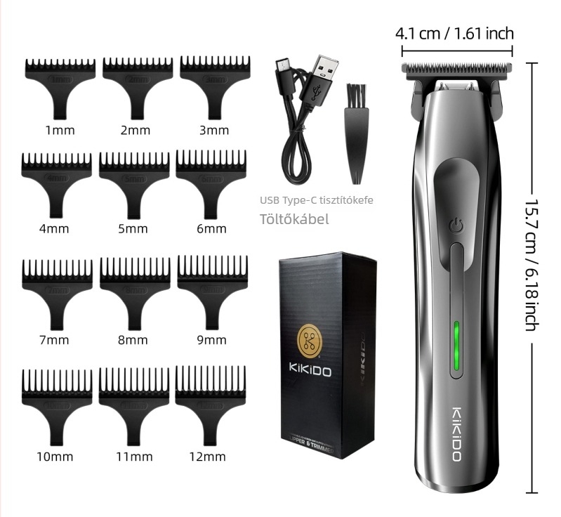 Kikido 312 kerámia pengéjű elektromos hajvágó, beépített akkumulátor 1200–2000 mAh, zaj 36–45 dB, levehető és mosható vágófej, kefés motor, elektroplattolt ház