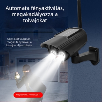 Napelemes mozgásérzékelős lámpa szimulált kamerával, beltéri és kültéri használatra, infravörös éjszakai látás 5 m-ig, ABS műanyag test, 3,7V tápfeszültség, működési hőmérséklet -5°C-tól 55°C-ig
