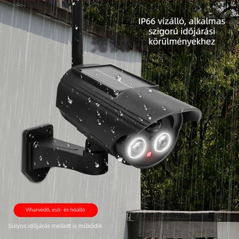 Napelemes mozgásérzékelős lámpa szimulált kamerával, beltéri és kültéri használatra, infravörös éjszakai látás 5 m-ig, ABS műanyag test, 3,7V tápfeszültség, működési hőmérséklet -5°C-tól 55°C-ig