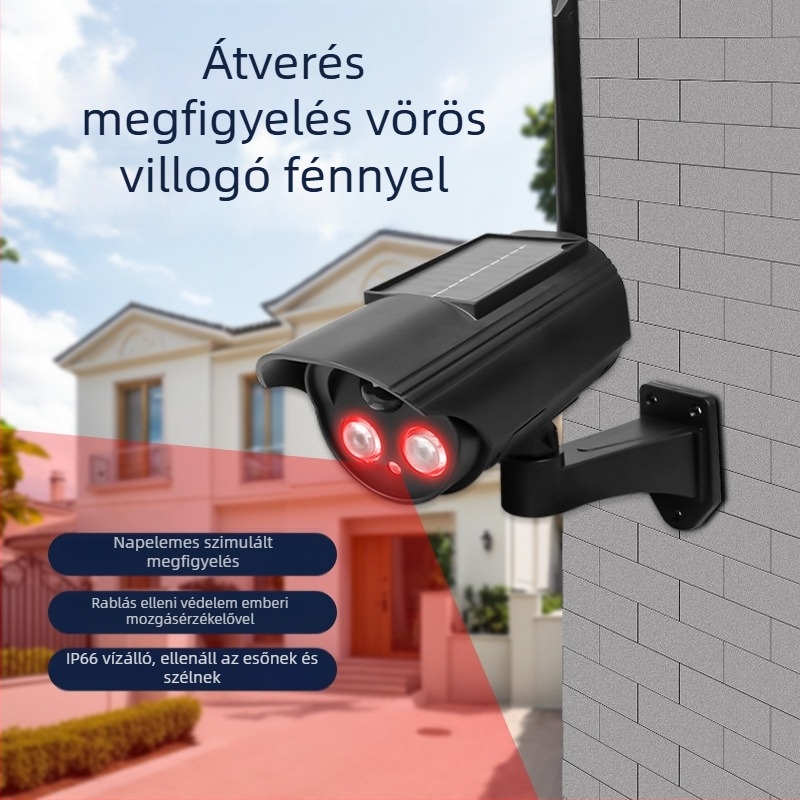 Napelemes mozgásérzékelős lámpa szimulált kamerával, beltéri és kültéri használatra, infravörös éjszakai látás 5 m-ig, ABS műanyag test, 3,7V tápfeszültség, működési hőmérséklet -5°C-tól 55°C-ig