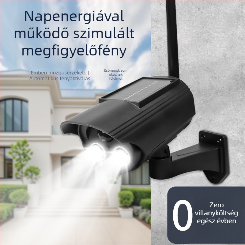 Napelemes mozgásérzékelős lámpa szimulált kamerával, beltéri és kültéri használatra, infravörös éjszakai látás 5 m-ig, ABS műanyag test, 3,7V tápfeszültség, működési hőmérséklet -5°C-tól 55°C-ig