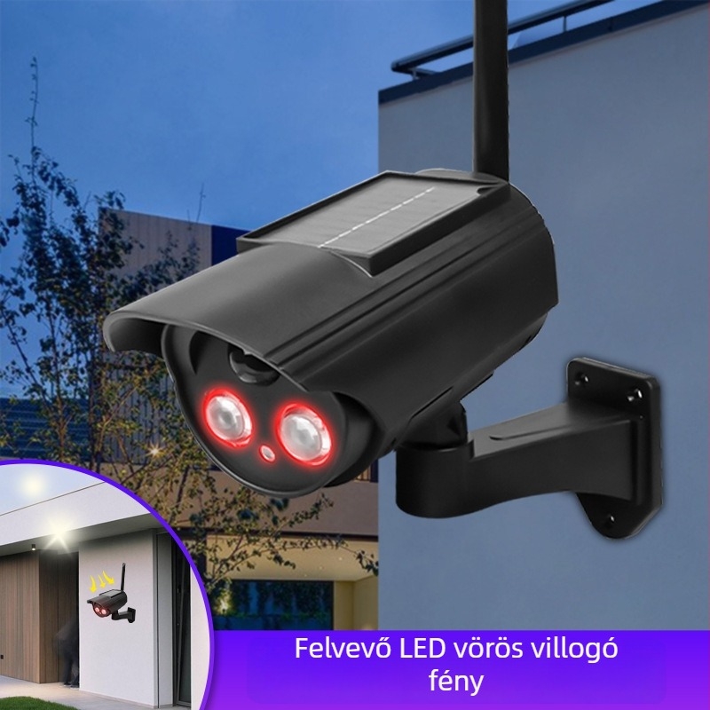 Napelemes mozgásérzékelős lámpa szimulált kamerával, beltéri és kültéri használatra, infravörös éjszakai látás 5 m-ig, ABS műanyag test, 3,7V tápfeszültség, működési hőmérséklet -5°C-tól 55°C-ig