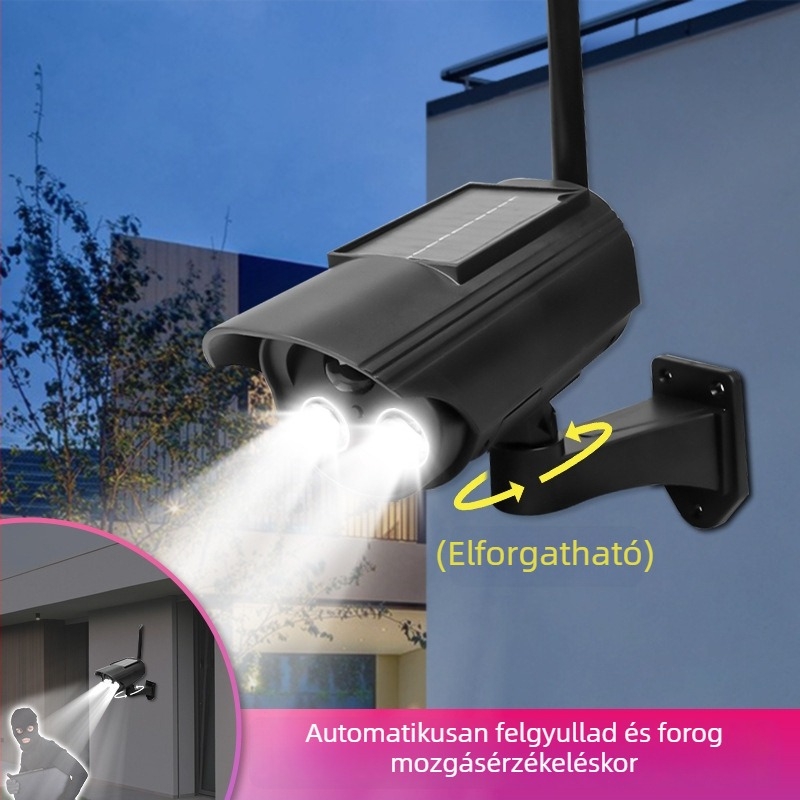 Napelemes mozgásérzékelős lámpa szimulált kamerával, beltéri és kültéri használatra, infravörös éjszakai látás 5 m-ig, ABS műanyag test, 3,7V tápfeszültség, működési hőmérséklet -5°C-tól 55°C-ig