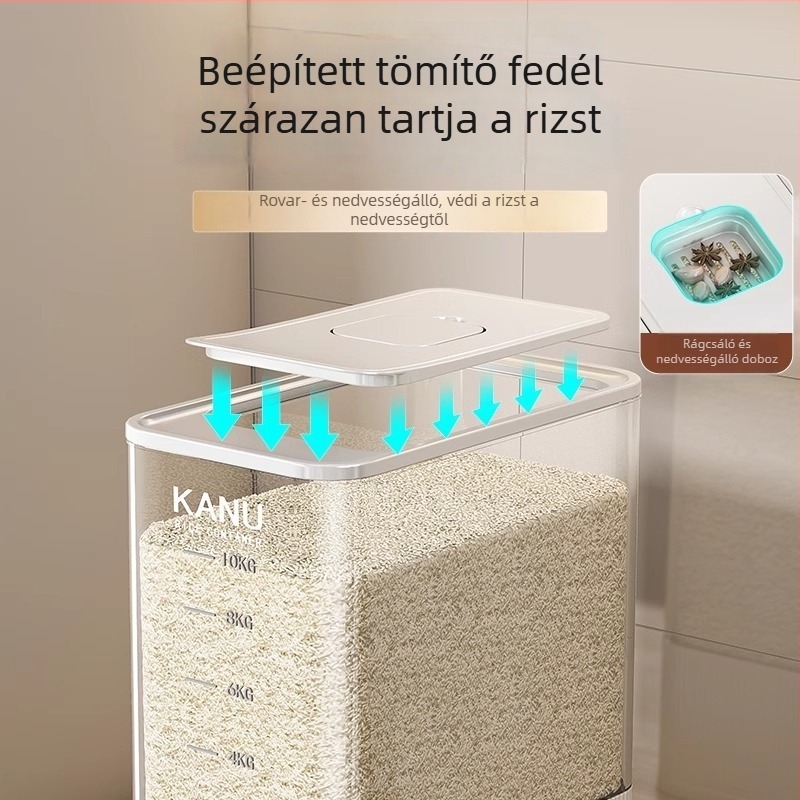 Rizstároló doboz, zárható, PET műanyagból, 7–8 L kapacitás, rovar- és nedvességálló