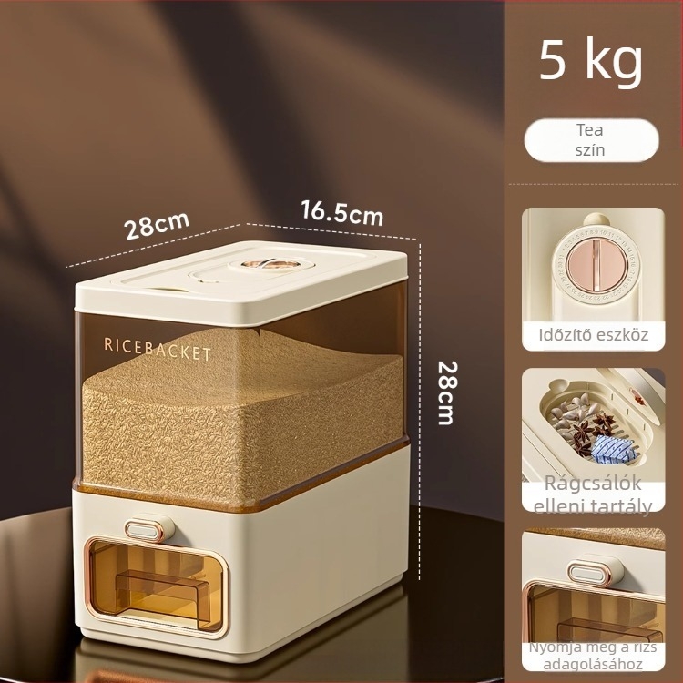 Rizstároló tartály ABS műanyagból, átlátszó testtel, zárható, rovar- és nedvességálló