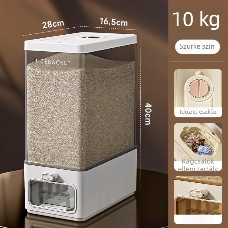 Rizstároló tartály ABS műanyagból, átlátszó testtel, zárható, rovar- és nedvességálló