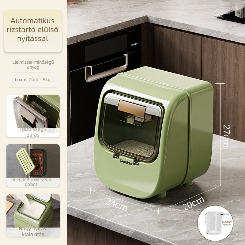 Rizs tároló doboz – zárható, nedvességálló és rovarriasztó funkcióval, műanyag PP+PET, kapacitás 10 L