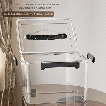 Zárható átlátszó PET tároló doboz fogantyúval — vastagított kivitel, otthoni és irodai használatra, por- és nedvességálló.