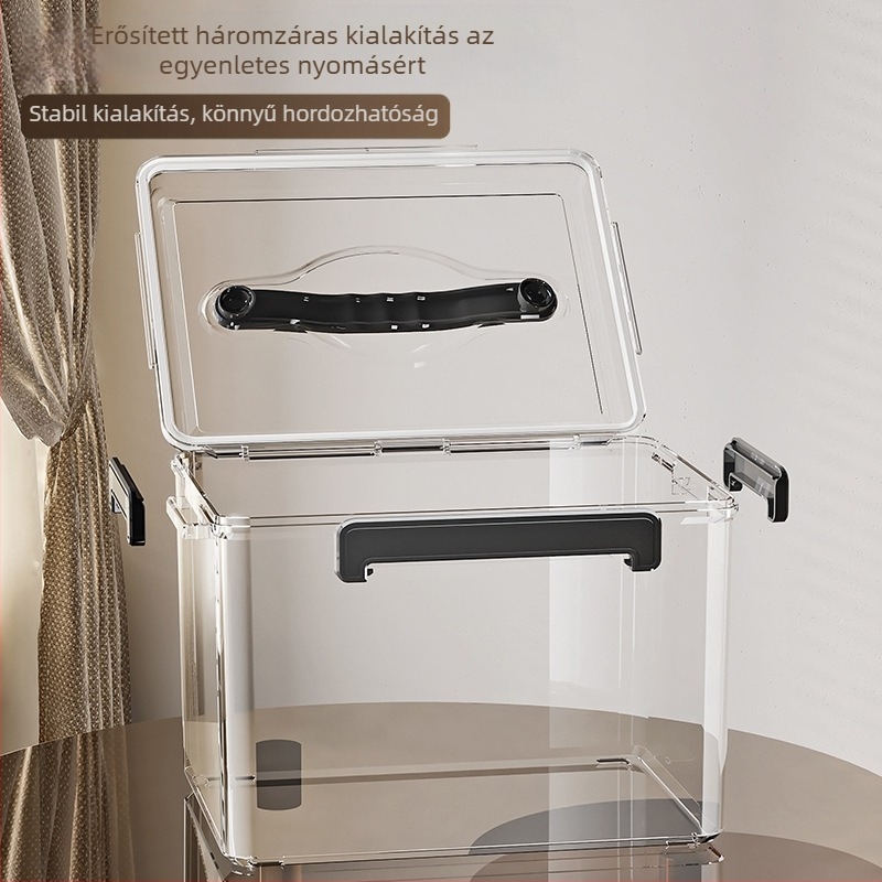 Zárható átlátszó PET tároló doboz fogantyúval — vastagított kivitel, otthoni és irodai használatra, por- és nedvességálló.