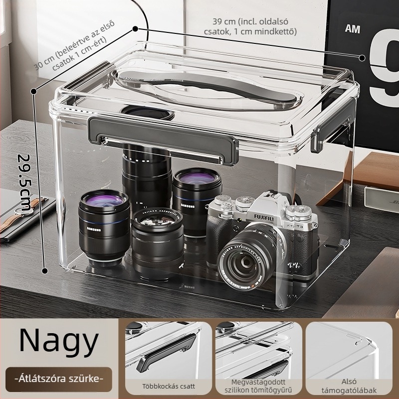 Zárható átlátszó PET tároló doboz fogantyúval — vastagított kivitel, otthoni és irodai használatra, por- és nedvességálló.