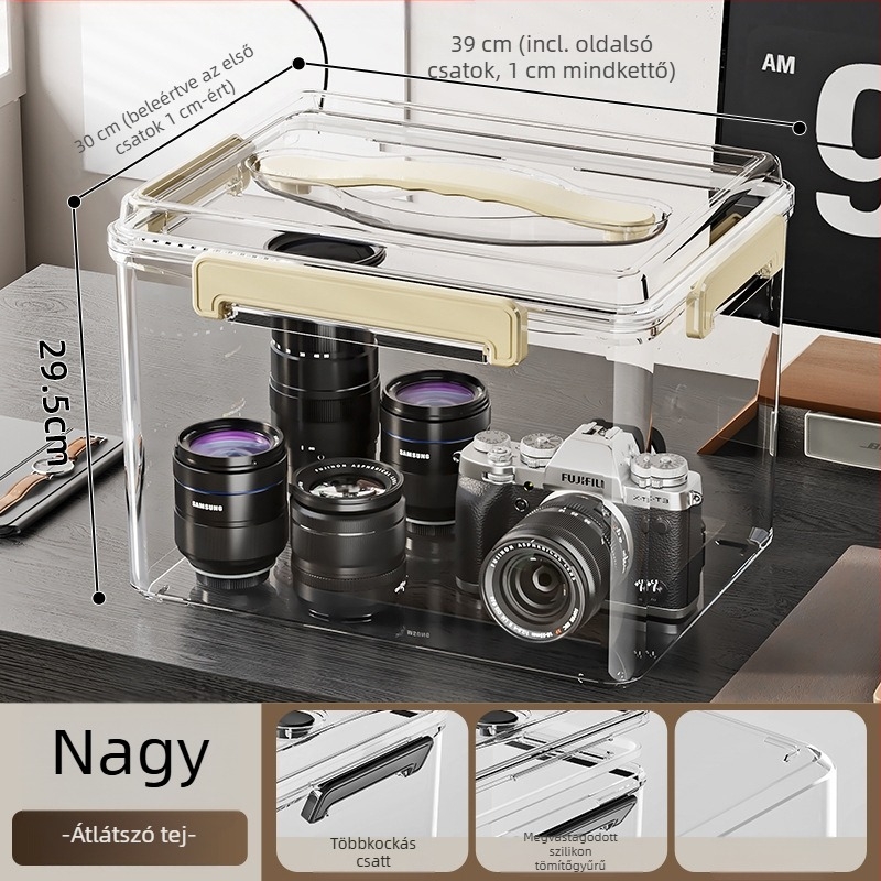 Zárható átlátszó PET tároló doboz fogantyúval — vastagított kivitel, otthoni és irodai használatra, por- és nedvességálló.