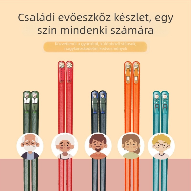 Családi evőpálcikák, 5 pár, nedvességálló és csúszásmentes, karikatúra motívum, PET anyag