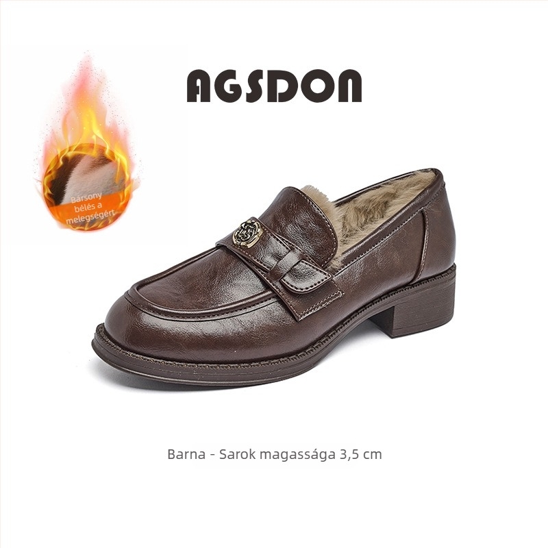 Női brit stílusú mokaszin, kerek orrú, PU felsőrész, gumírozott talp és 3–5 cm vastag sarok