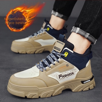 Férfiaknak készült magas munkáscsizma, téli fleece-bélés, bőr felsőrész, fűzővel záródó, PVC talp