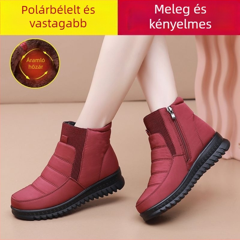 Női téli hócsizmák – vízálló, csúszásmentes, melegen bélelt, magas szárú csizma oldalsó cipzárral (sarokmagasság 3–5 cm, gumitalp)