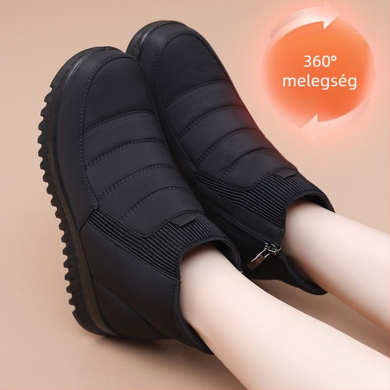 Női téli hócsizmák – vízálló, csúszásmentes, melegen bélelt, magas szárú csizma oldalsó cipzárral (sarokmagasság 3–5 cm, gumitalp)