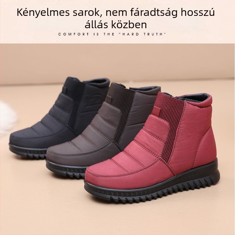 Női téli hócsizmák – vízálló, csúszásmentes, melegen bélelt, magas szárú csizma oldalsó cipzárral (sarokmagasság 3–5 cm, gumitalp)